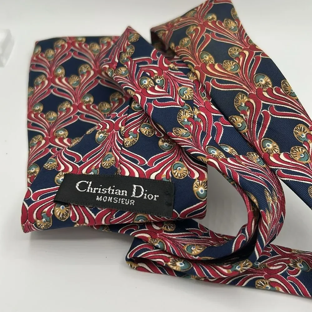 Dior Monsieur Red and Blue Silk Tie with Geometric Pattern